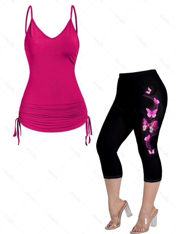 Plus Size Cinched Ruched Long Camisole and Butterfly Print Capri Leggings Outfit - LIGHT PINK L