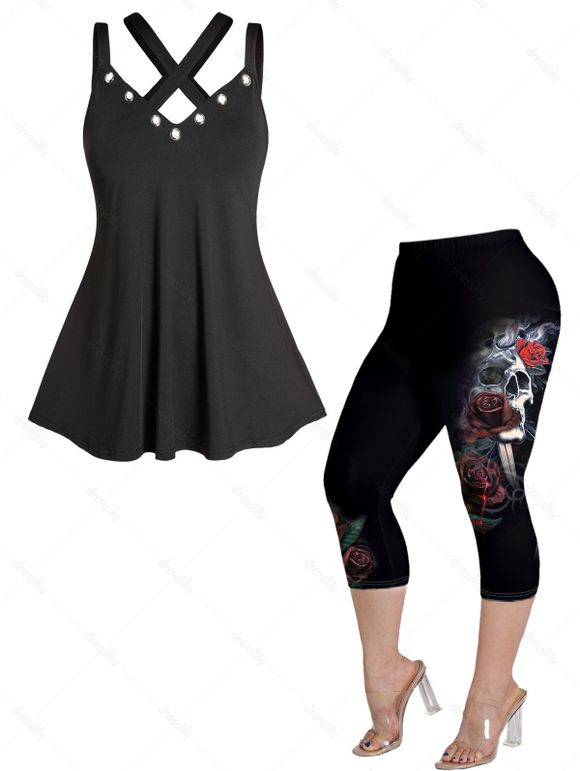 Plus Size Grommet Crossover Tank Top and Skull and Rose Print Capri Leggings Outfit - BLACK L