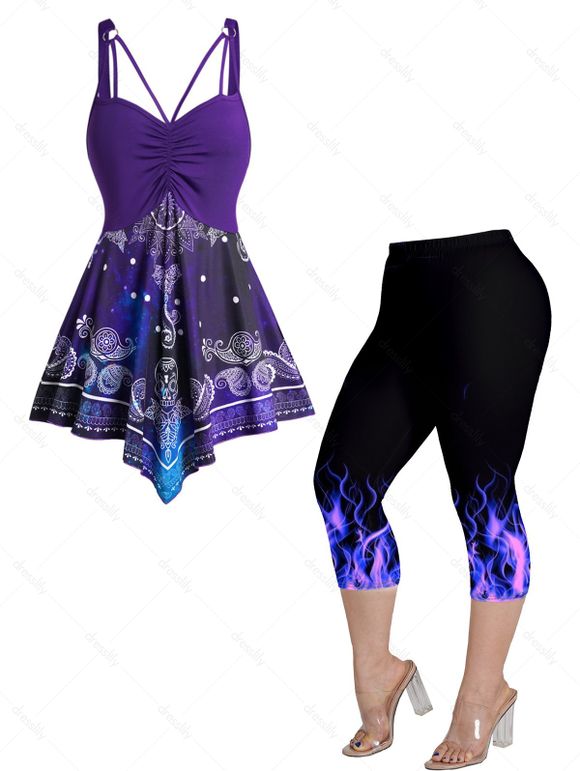 Plus Size Galaxy Skull Paisley Print Ruched Tank Top and Capri Leggings Outfit - CONCORD 
