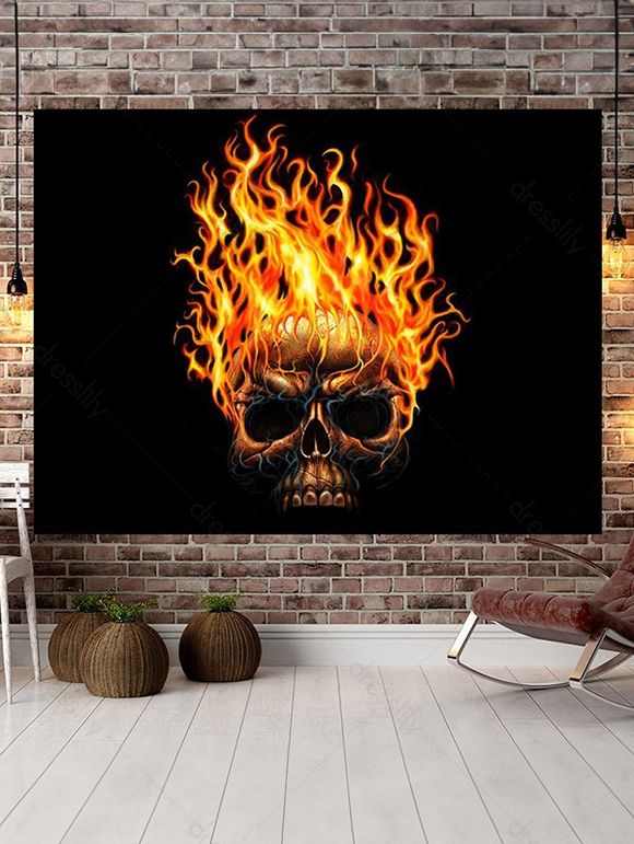 Tapisserie Murale à Imprimé Crâne Enflammé pour Halloween - multicolor A 150*130CM