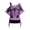 Ensemble de T-shirt à Imprimé Papillon à Col Biais et Legging Capri Court Grande Taille - Violet clair L