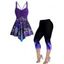 Plus Size Galaxy Skull Paisley Print Ruched Tank Top and Capri Leggings Outfit - CONCORD 