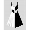 Robe Ligne A Bicolore à Imprimé Aile en O en Blocs de Couleurs sans Manches - Noir S