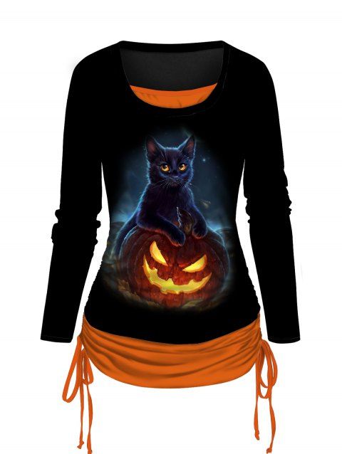 T-shirt D'Halloween à Imprimé 3D Chat et Citrouille de Faux Deux Pièces