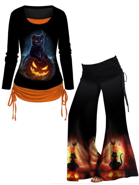 Halloween 3D Cat and Pumpkin Print T Shirt and Wide Leg Pants Outfit