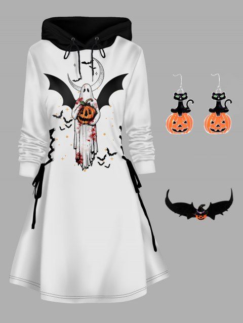 Halloween Ghost Print Hoodie Dress and Pumpkin Choker Necklace Drop Earrings Outfit