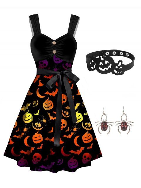 Halloween Bat Pumpkin Moon Print Dress And Choker Necklace Drop Earrings Outfit
