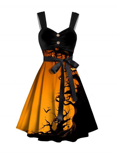 Halloween Forest and Pumpkin Print Dress Belt Ruched Sleeveless Mini Dress