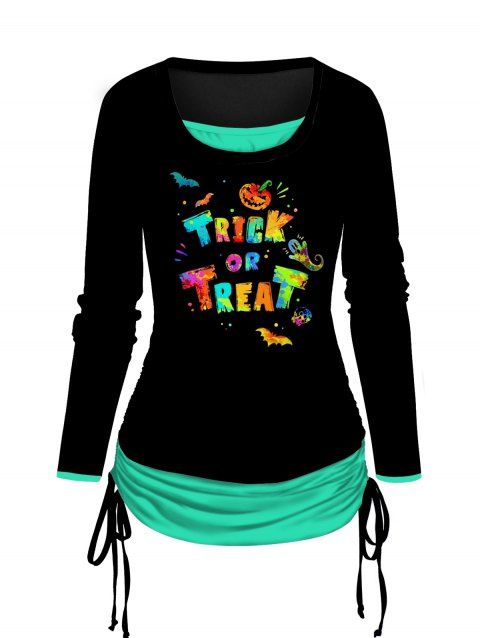 T-shirt D'Halloween à Imprimé Lettre Colorée Faux Deux Pièces