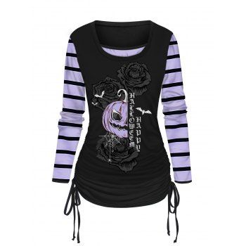 

Halloween Top Pumpkin and Stripe Print Cinched Faux Twinset Top, Black