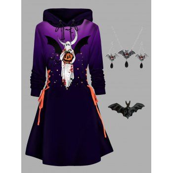 

Halloween Ghost and Pumpkin Print Hoodie Dress and Necklace Earrings Rings Outfit, Multicolor