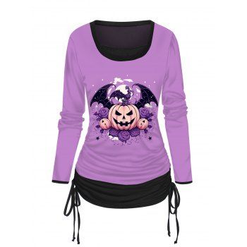 

Halloween Pumpkin Print Top Cinched Side Faux Twinset Top, Light purple