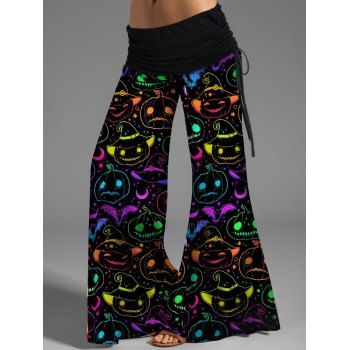 

Halloween Wide Leg Pants Colorful Pumpkin Print Cinched Side Pants, Multicolor a