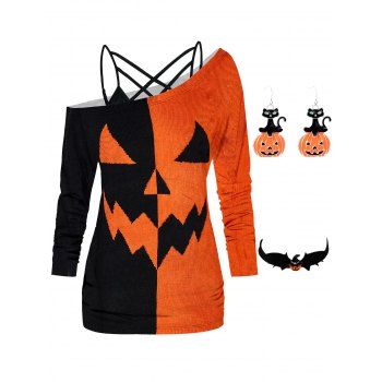 

Halloween Pumpkin Print Skew Neck Tops and Choker Necklace Drop Earrings Outfit, Multicolor