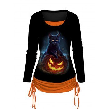 

Halloween T Shirt 3D Cat and Pumpkin Print Cinched Faux Twinset Tee, Orange