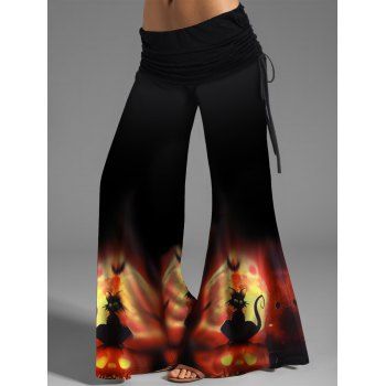 

Halloween Wide Leg Pants Cat Print Cinched Side Loose Pants, Dark orange