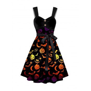 

Halloween Bat and Pumpkin Print Dress Belt Ruched Sleeveless Mini Dress, Multicolor a