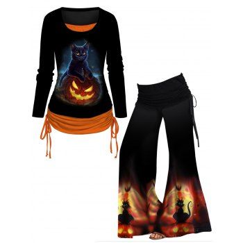 

Halloween 3D Cat and Pumpkin Print T Shirt and Wide Leg Pants Outfit, Multicolor