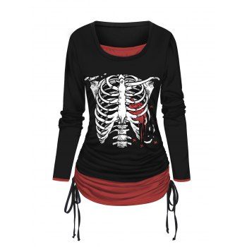 

Halloween Skeleton Print Top Cinched Side Faux Twinset Top, Black