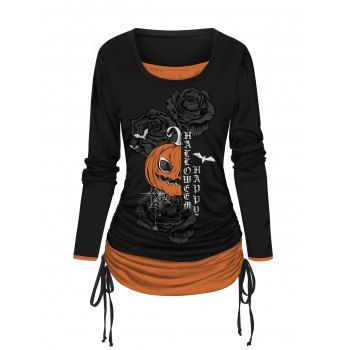 

Halloween Pumpkin and Rose Print Top Cinched Side Faux Twinset Top, Black