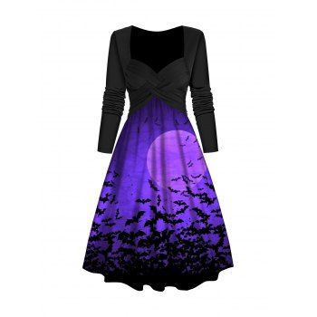 

Halloween Bat Print Dress Sweetheart Collar Crossover Midi Dress, Purple