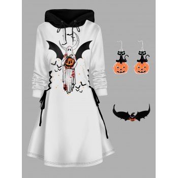 

Halloween Ghost Print Hoodie Dress and Pumpkin Choker Necklace Drop Earrings Outfit, Multicolor
