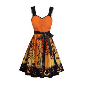 

Halloween Pumpkin Print Belt Dress Sleeveless Ruched Mini Dress, Orange