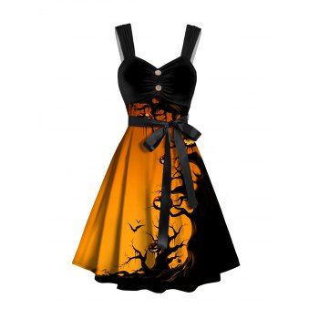 

Halloween Forest and Pumpkin Print Dress Belt Ruched Sleeveless Mini Dress, Orange