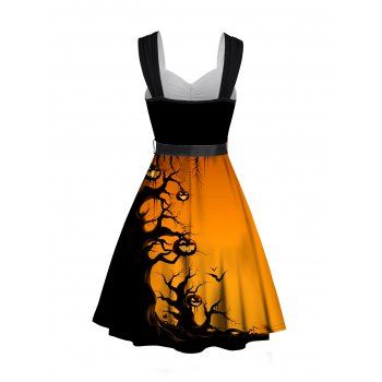 Halloween Forest and Pumpkin Print Dress Belt Ruched Sleeveless Mini Dress