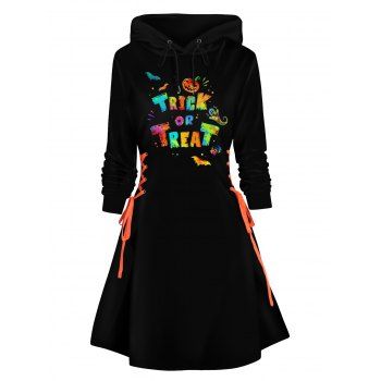 

Halloween Letter Print Hoodie Dress Lace Up A Line Mini Dress, Orange