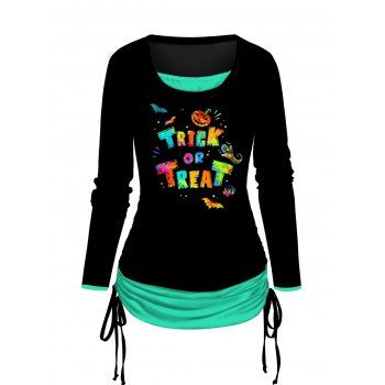 

Halloween T Shirt Colorful Letter Print Cinched Faux Twinset Tee, Green