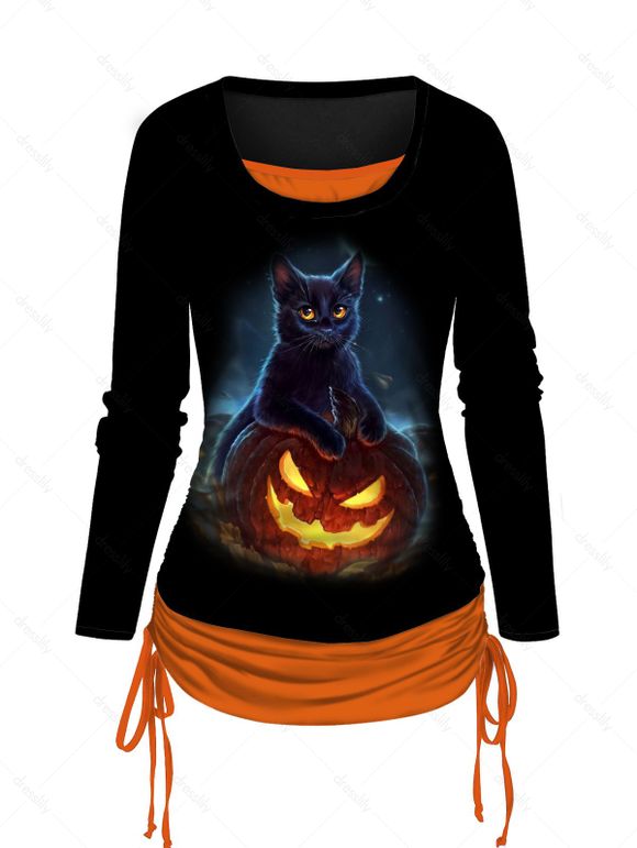 T-shirt D'Halloween à Imprimé 3D Chat et Citrouille de Faux Deux Pièces - Orange M