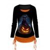 T-shirt D'Halloween à Imprimé 3D Chat et Citrouille de Faux Deux Pièces - Orange M