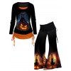 Ensemble de D'Halloween T-shirt à Imprimé Chat en 3D et Pantalon à Jambe Large - multicolor S