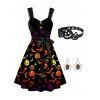 Ensemble de Robe D'Halloween à Imprimé Citrouille et Collier Ras-du-cou Boucles d'Oreilles - multicolor S