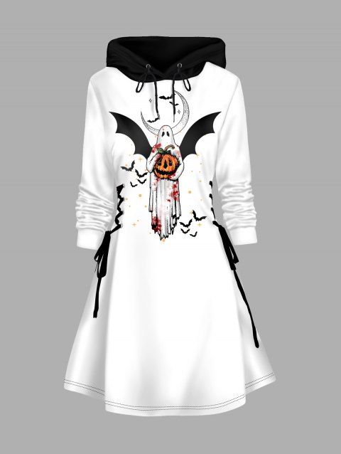 Halloween Ghost and Pumpkin Print Hoodie Dress Lace Up Colorblock A Line Dress