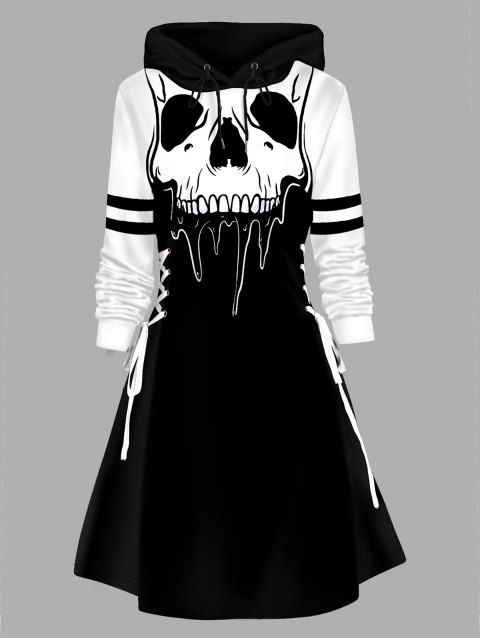 Skull Print Hoodie Dress Lace Up Colorblock Mini Dress