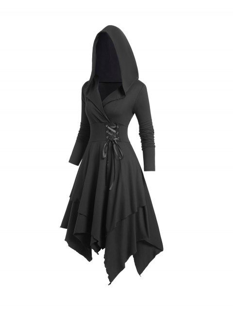 Gothic Lace Up Hooded Dress Plain Color Handkerchief Hem Dress