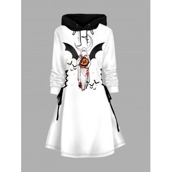 

Halloween Ghost and Pumpkin Print Hoodie Dress Lace Up Colorblock A Line Dress, White