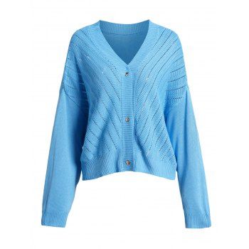 

Pointelle Knit Cropped Cardigan Plain Color Long Sleeve V Neck Cardigan, Light blue