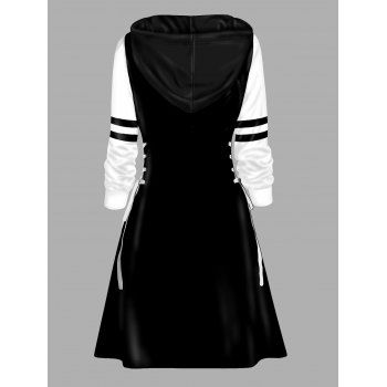 Skull Print Hoodie Dress Lace Up Colorblock Mini Dress