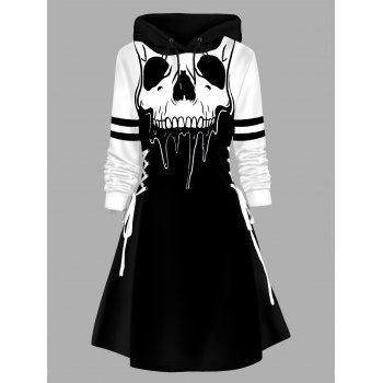 

Skull Print Hoodie Dress Lace Up Colorblock Mini Dress, Black