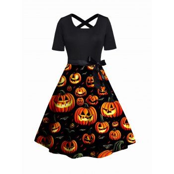 

Plus Size Halloween Belt Dress Pumpkin Print A Line Midi Dress, Orange