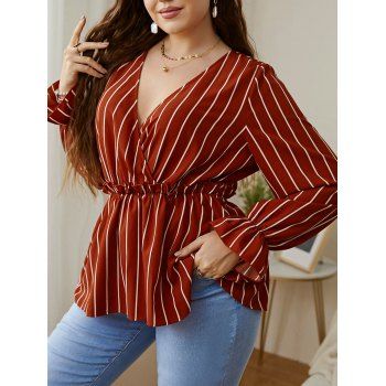 

Plus Size Vertical Stripes Print Top Frilled Surplice Neck Casual Top, Dark orange