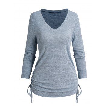 

Heathered Side Cinched Top V Neck Long Sleeve Top, Light blue