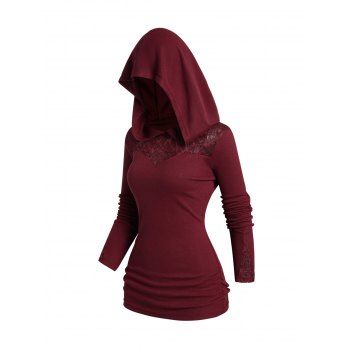 

Lace Panel Hoodie Plain Color Ruched Side Long Sleeve Casual Hoodie, Deep red