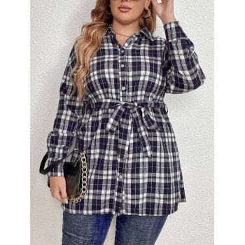 

Plus Size Plain Print Belt Shirt Button Long Sleeve Casual Shirt, Multicolor a