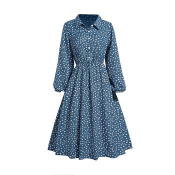 

Plus Size Ditsy Floral Print Dress Turn Down Collar Long Sleeve Midi Dress, Blue