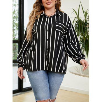

Plus Size Striped Print Shirt Pocket Button Turn Down Collar Long Sleeve Shirt, Black