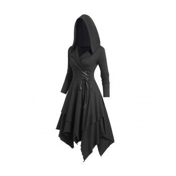 

Gothic Lace Up Hooded Dress Plain Color Handkerchief Hem Dress, Black